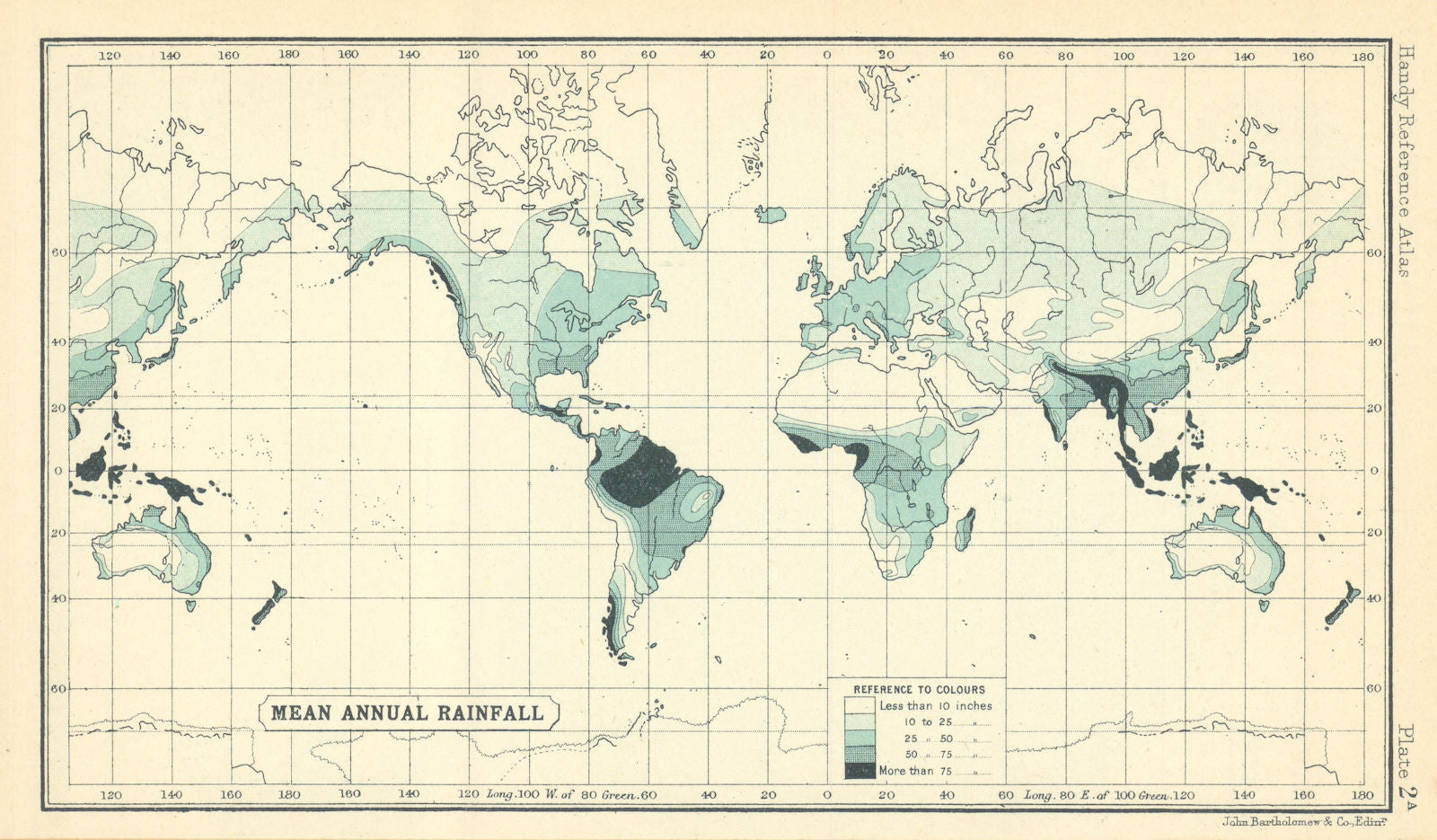 World Mean annual Rainfall. BARTHOLOMEW 1909 old antique map plan chart